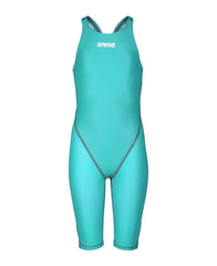 Arena Girls Powerskin ST Next kneesuit in aquamarine, sporty swimwear designed for young swimmers, featuring a sleek fit and vibrant color.