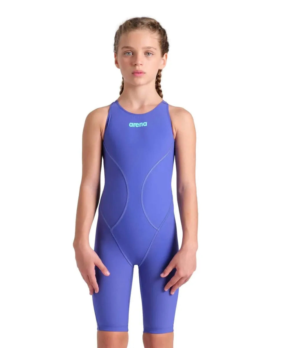 Arena Girls Powerskin Impulso Kneesuit in Future Dusk, close-up of the sleek, lightweight swimming kneesuit with textured fabric design.