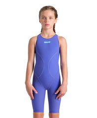 Arena Girls Powerskin Impulso Kneesuit in Future Dusk, close-up of the sleek, lightweight swimming kneesuit with textured fabric design.