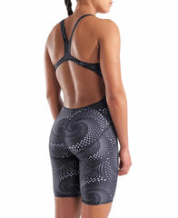 Arena women's printed full body swimsuit, black kneesuit with colorful pattern, designed for competitive swimming and training.
