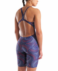 Arena women's printed full body swimsuit, knee-length, in red, white, and blue, designed for competitive swimming.