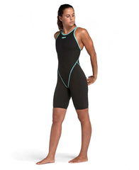 Arena Women's Powerskin Primo Kneesuit in black and teal, featuring a sleek, form-fitting design for competitive swimwear.