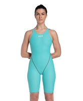 Arena Women's Powerskin ST Next Kneesuit in aquamarine, close-up of the sleek, form-fitting wetsuit designed for competitive swimming.