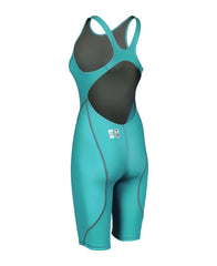 Arena Women's Powerskin ST Next Kneesuit in aquamarine, close-up of the sleek, form-fitting swimwear fabric with subtle branding.