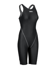 Black Arena Women's Powerskin ST Next Kneesuit, close-up of sleek, form-fitting swimwear with textured fabric for competitive swimming.
