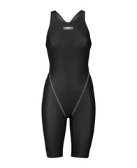 Black Arena Women's Powerskin ST Next kneesuit, close-up of the sleek, form-fitting swimming suit designed for competitive swimmers.