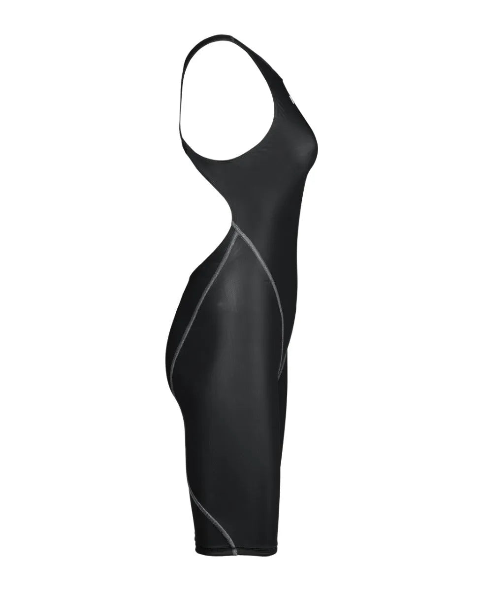 Black Arena Women's Powerskin ST Next Kneesuit, close-up of sleek, form-fitting design for competitive swimming.