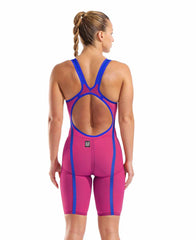Arena Women's Powerskin Veloce Ltd Edition openback violet kneesuit, close-up view showing sleek fabric and open back design.