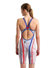 Arena Womens Powerskin Primo Kneesuit Ltd Edition in Fireflow, close-up of sleek, high-performance swim kneesuit for women.