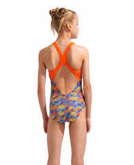 Arena Girls Draft V Back Swimsuit - Blue/Orange | Allens Of Kingsbury