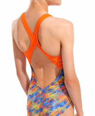 Arena Girls Draft V Back Swimsuit - Blue/Orange | Allens Of Kingsbury