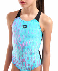 Arena Girls Multi Colours V Back Swimsuit - Water Multi/Black | Allens Of Kingsbury