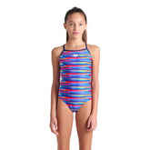 Arena girls' racing stripe Lightdrop back swimsuit in multi navy, featuring sporty design and comfortable fit for young swimmers.