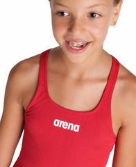 Arena Girls Solid Team Swim Pro swimsuit in red and white, featuring a sleek design and comfortable fit for young swimmers.