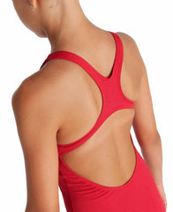 Arena girls' solid team swim pro swimsuit in red and white, featuring a sleek design and comfortable fit for competitive swimming.