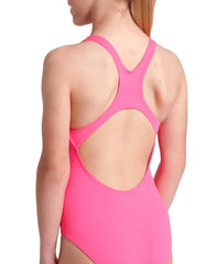 Arena girls' solid Team Swim Pro swimsuit in shocking pink and blue river, featuring a sleek, comfortable design for young swimmers.
