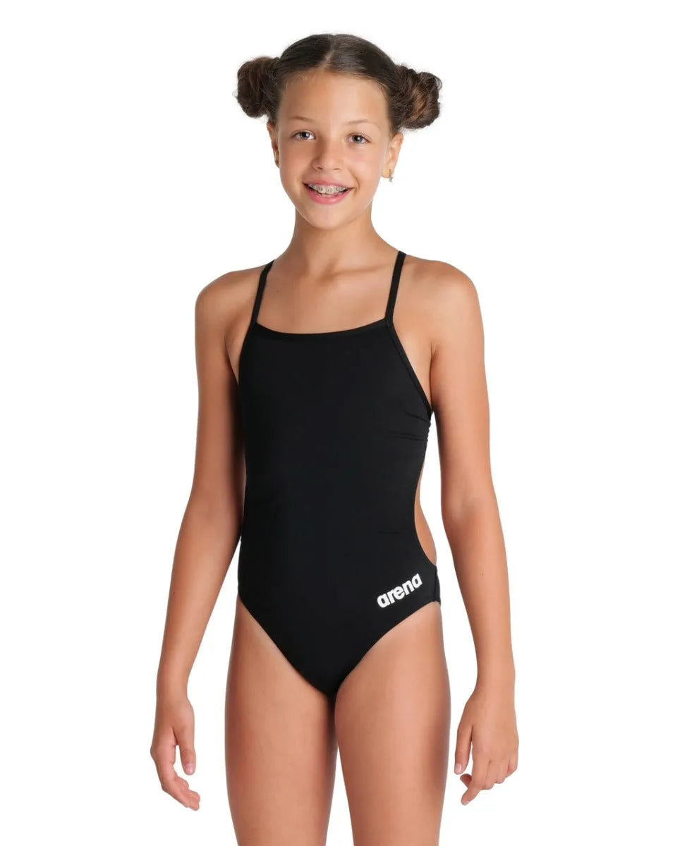 Black Arena Girls Team Challenge solid swimsuit with sleek design, perfect for competitive swimming and training.