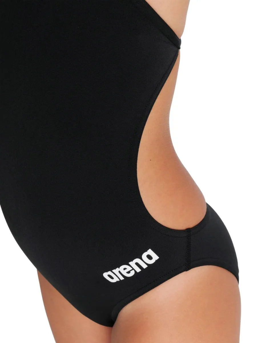 Black Arena Girls Team Challenge Solid Swimsuit, a sleek one-piece swimwear designed for young swimmers.