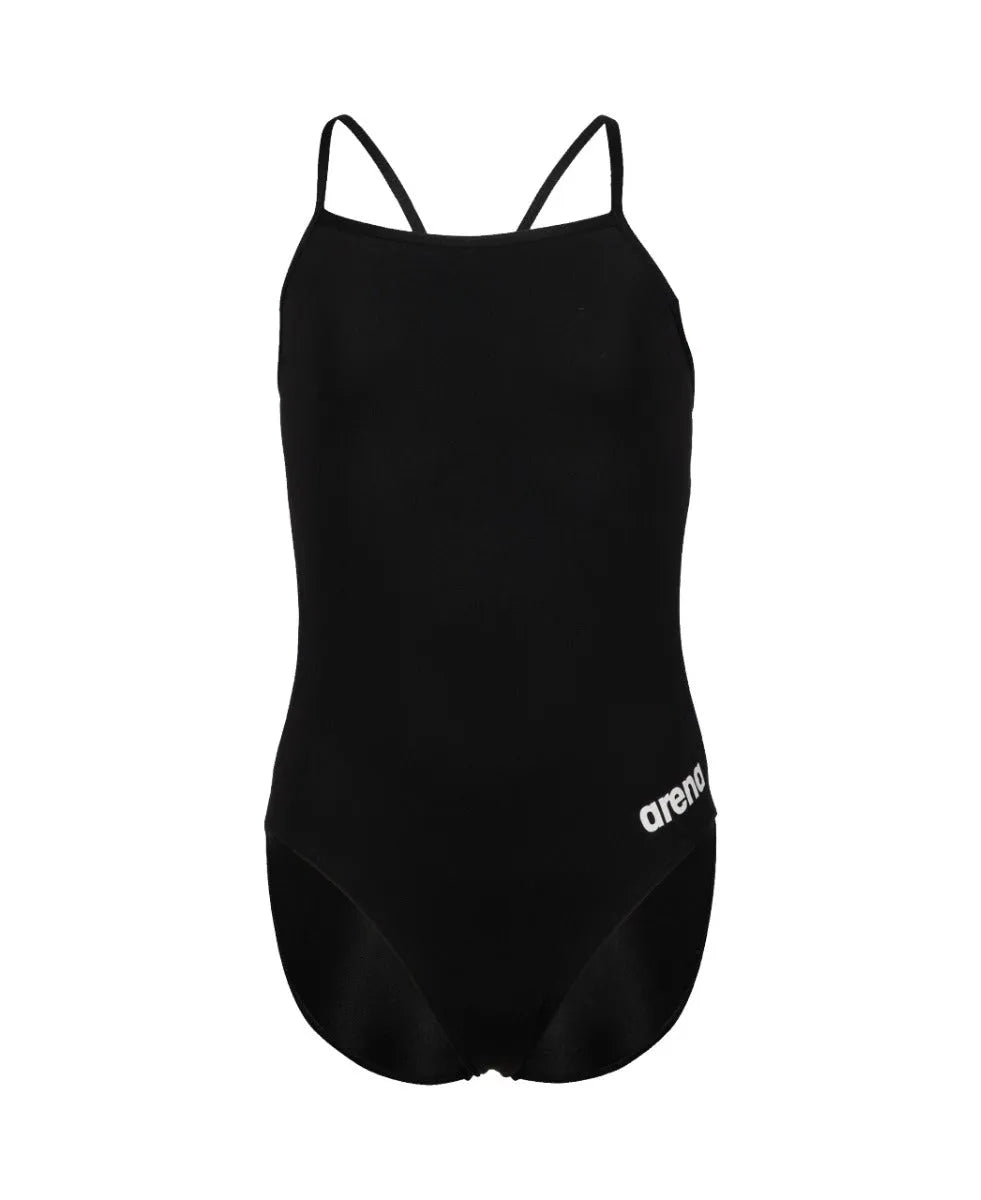 Black Arena Girls Team Challenge solid swimsuit, made for swimming and training, featuring a sleek, durable design.