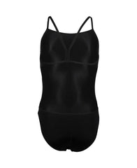 Black Arena Girls Team Challenge solid swimsuit, features a sleek design with the Arena logo, perfect for swimming and practice.