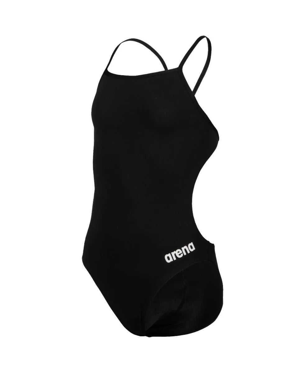 Black Arena girls' team challenge solid swimsuit with sleek design, perfect for competitive swimming and training.