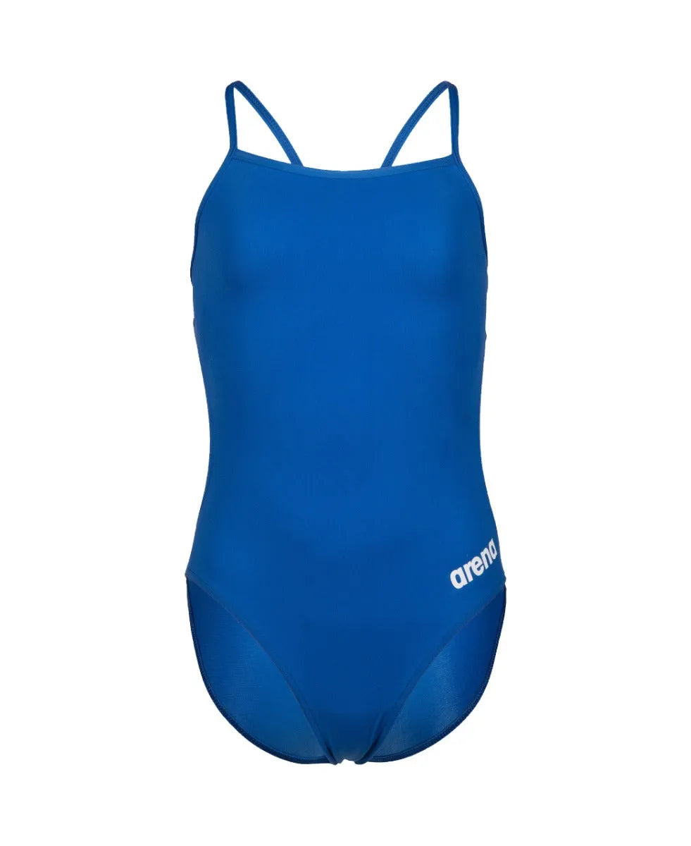 Blue Arena Girls Team Challenge Solid Swimsuit laid flat, showing its sleek design and vibrant color for competitive swimming.