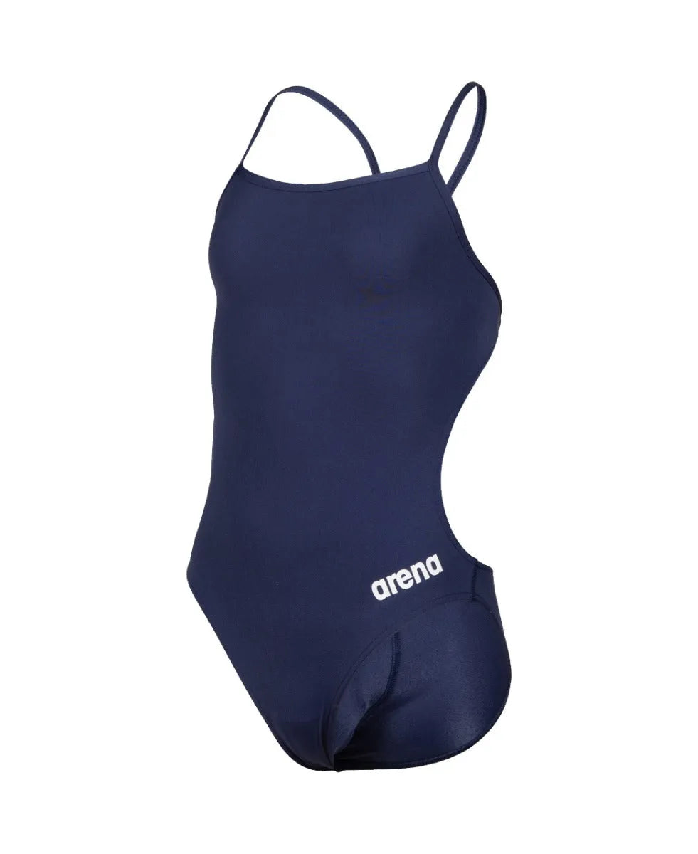 Arena Girls Team Challenge solid navy swimsuit, designed for young swimmers, with a sleek fit and durable fabric for competitive swimming.