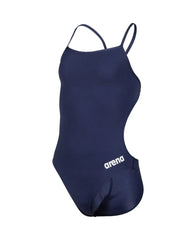 Arena Girls Team Challenge solid navy swimsuit, designed for young swimmers, with a sleek fit and durable fabric for competitive swimming.