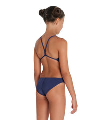 Arena Girls Team Challenge solid navy swimsuit, designed for young swimmers, featuring a sleek, sporty style and comfortable fit.