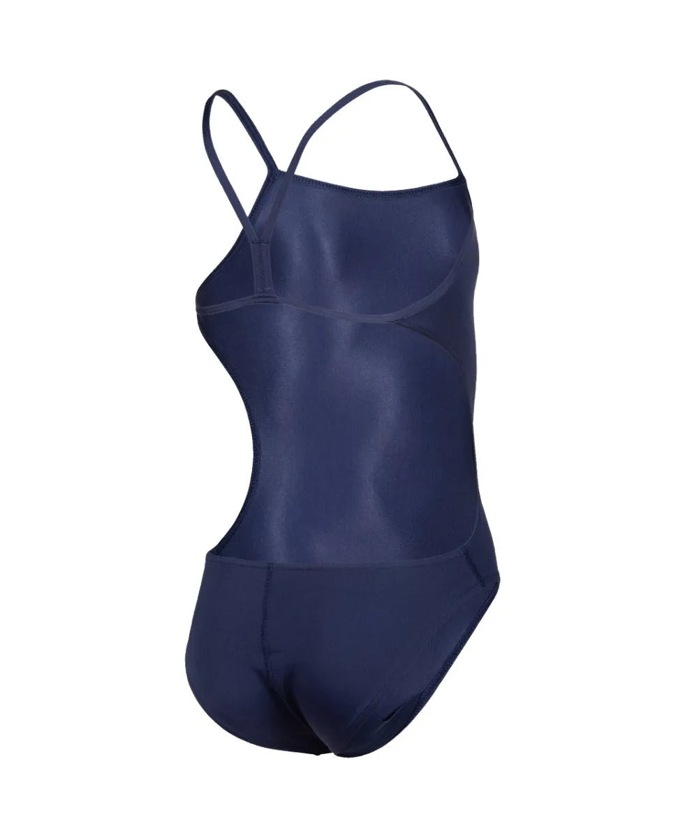 Arena girls' Team Challenge solid navy swimsuit, featuring a sleek design and comfortable fit, suitable for swimming and training.
