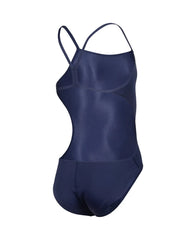 Arena girls' Team Challenge solid navy swimsuit, featuring a sleek design and comfortable fit, suitable for swimming and training.