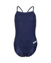 Arena girls' Team Challenge solid navy swimsuit, featuring a sleek design and comfortable fit for young swimmers.