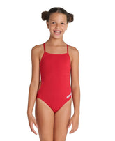 Red Arena Girls Team Challenge solid swimsuit, sporty one-piece design ideal for swimming and training.
