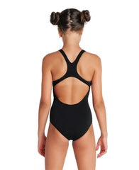 Black Arena girls' Team Swim Pro solid swimsuit, sleek and comfortable one-piece swimwear for young swimmers.