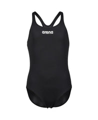Black Arena Girls Team Swim Pro solid swimsuit showing the sleek, fitted design perfect for young swimmers.