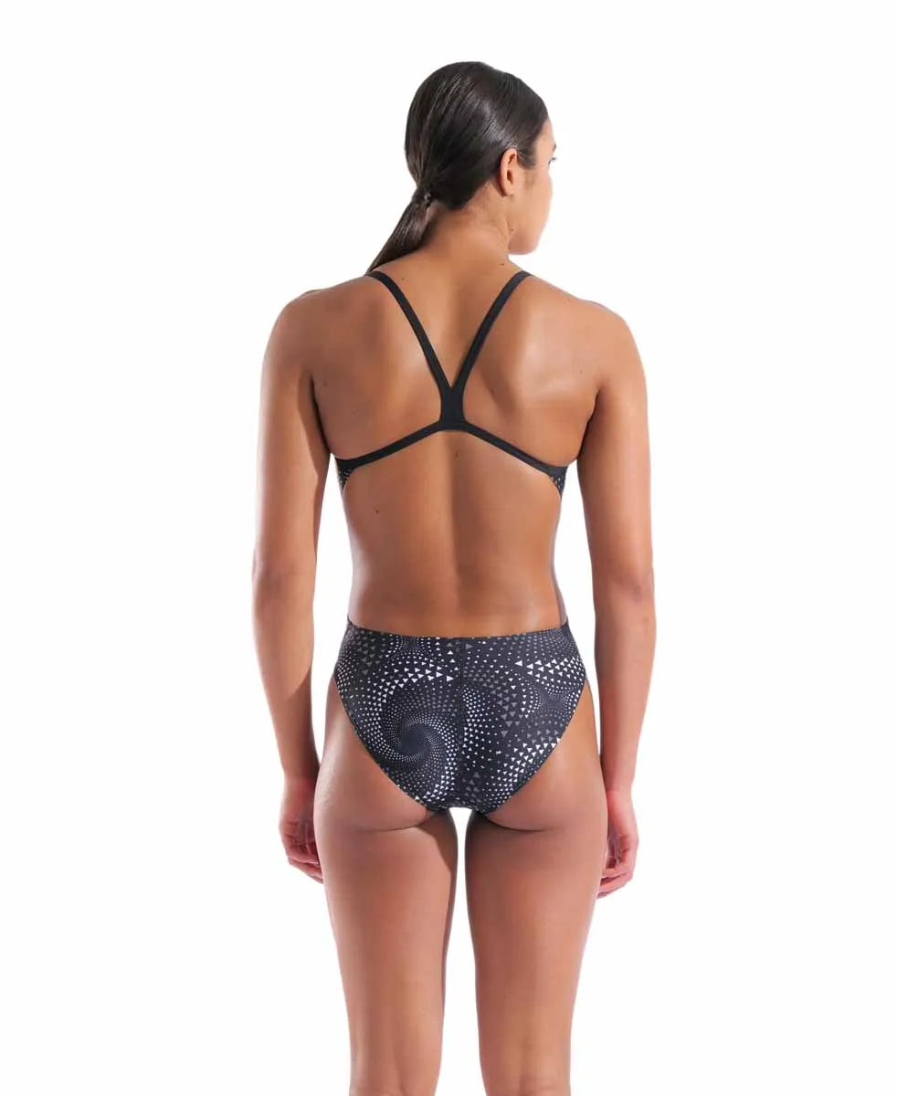 Black Arena Women's Fireflow Challenge Back Swimsuit with sleek design, suitable for competitive swimming and training.
