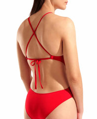 Red Arena women's solid tie-back swimsuit with sleek design, perfect for swimming and beachwear.