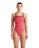 Arena women's Escape Challenge back swimsuit in black and red, featuring a sleek design and supportive fit for competitive swimming.