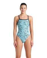 Arena women's Escape Challenge back swimsuit in black, water blue, and multi with a sleek design for swimming and water sports.