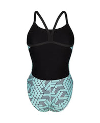 Arena women's Escape Challenge back swimsuit in black, water blue, and multi, featuring a sleek design and supportive fit.