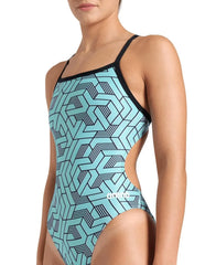 Arena women's Escape Challenge back swimsuit in black, water blue, and multi, featuring a sleek design and supportive fit.