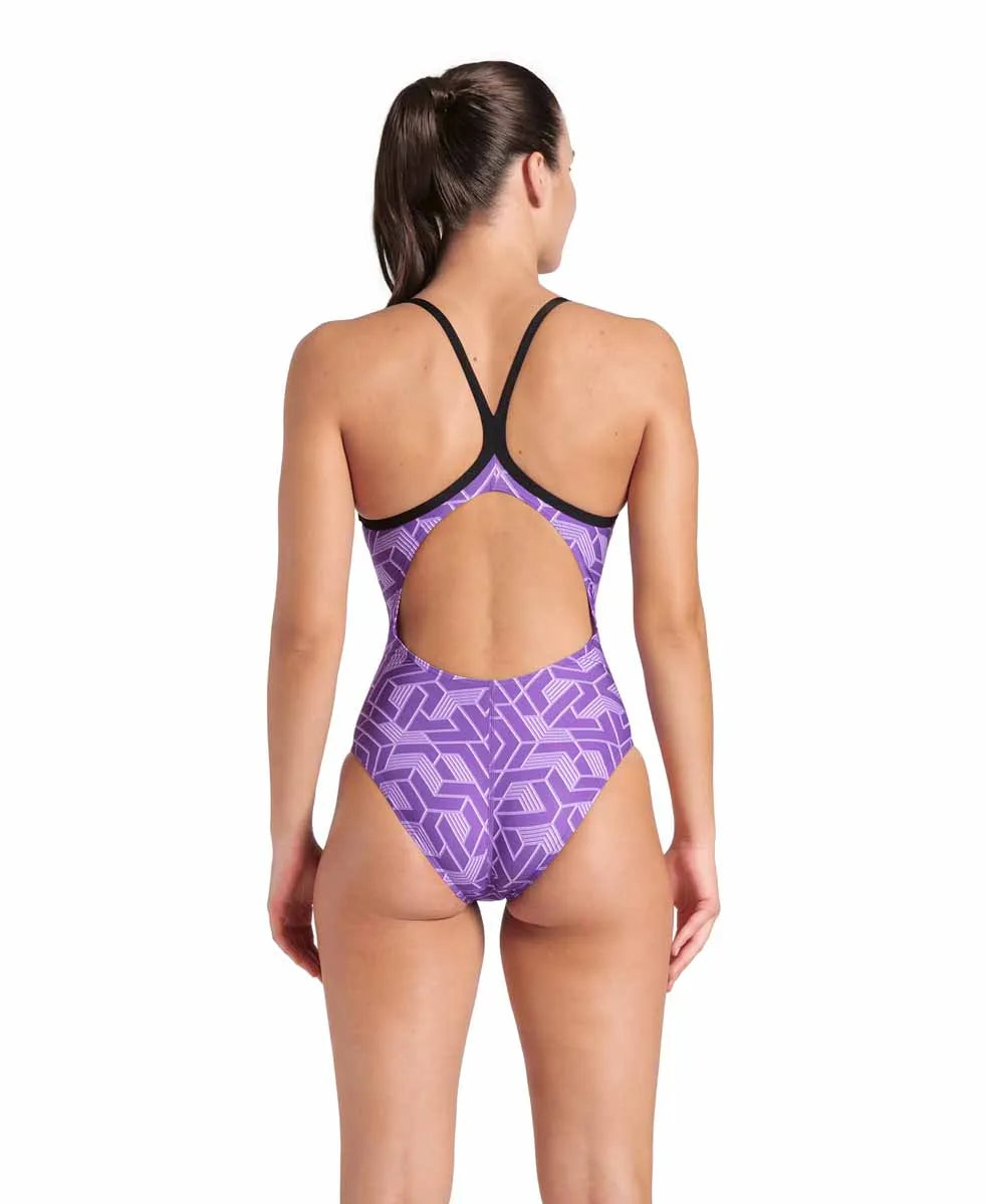 Black and purple Arena Women's Escape Lightdrop Back Swimsuit, stylish and comfortable for swimming and water activities.
