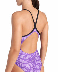 Arena Women's Escape Lightdrop Back Swimsuit in black and purple, featuring a sleek design and supportive fit for active swimming.