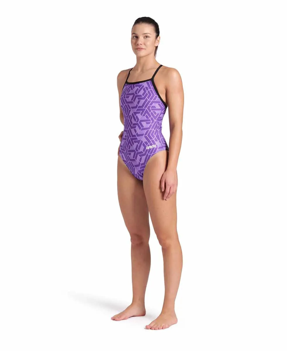 Arena Women's Escape Lightdrop Back Swimsuit in black and purple, featuring a sleek design and supportive fit.