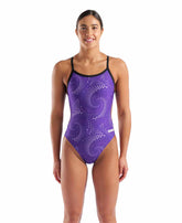 Arena Women's Fireflow Challenge Back Swimsuit in black with team purple accents, designed for competitive swimming.