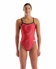 Black and red Arena women's Fireflow Challenge back swimsuit, showcasing a sleek design ideal for competitive swimming.