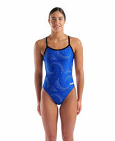 Black and royal blue Arena Women's Fireflow Challenge Back swimsuit, sleek design, suitable for competitive swimming.