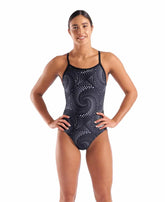 Arena Women's Fireflow Lightdrop Back swimsuit in black and Team Black, featuring a sleek design and open back for swimming.
