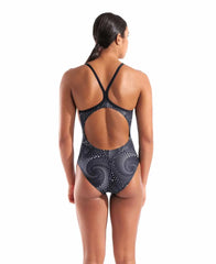 Black Arena Women’s Fireflow Lightdrop Back Swimsuit featuring a sleek design and supportive straps, ideal for competitive swimming.