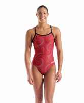 Arena women's Fireflow Lightdrop back swimsuit in black and red, featuring a sleek design and comfortable fit for swimming.